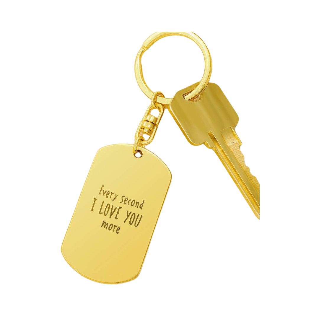 Create a unique keepsake with our Engraved Dog Tag Keychain. This high-quality stainless steel piece can be customized on the back in a scripted font, with 2 lines of text, up to 20 characters each.