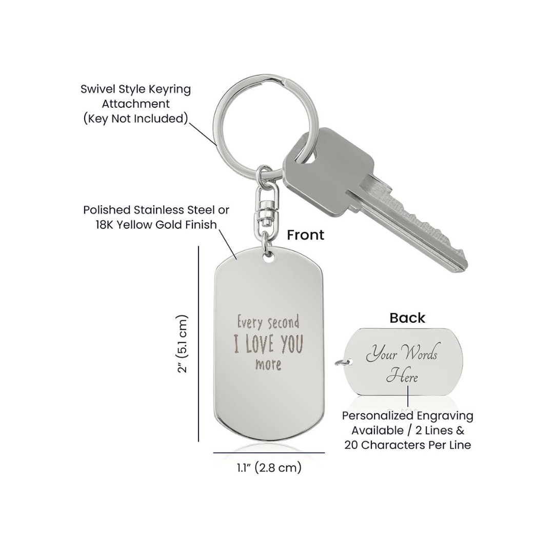 Create a unique keepsake with our Engraved Dog Tag Keychain. This high-quality stainless steel piece can be customized on the back in a scripted font, with 2 lines of text, up to 20 characters each.