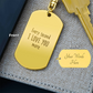 Create a unique keepsake with our Engraved Dog Tag Keychain. This high-quality stainless steel piece can be customized on the back in a scripted font, with 2 lines of text, up to 20 characters each.