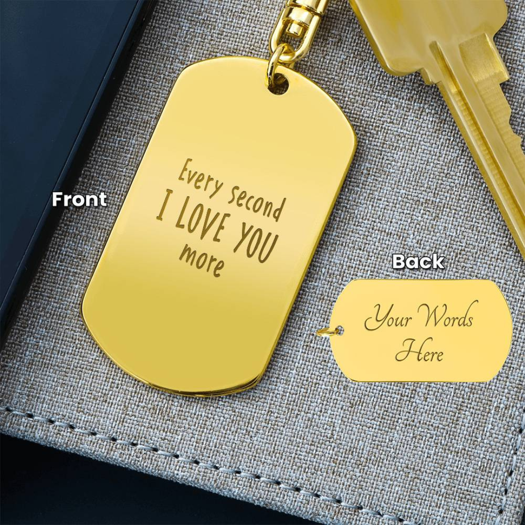 Create a unique keepsake with our Engraved Dog Tag Keychain. This high-quality stainless steel piece can be customized on the back in a scripted font, with 2 lines of text, up to 20 characters each.