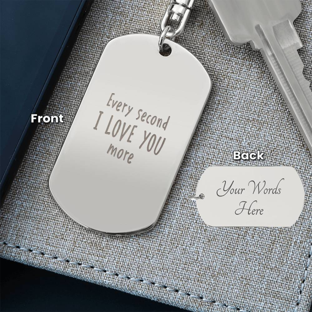 Create a unique keepsake with our Engraved Dog Tag Keychain. This high-quality stainless steel piece can be customized on the back in a scripted font, with 2 lines of text, up to 20 characters each.