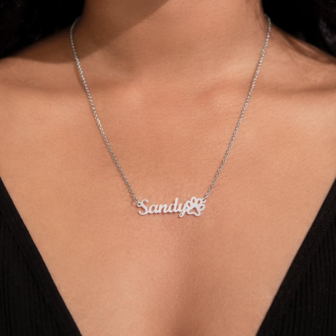 Name Necklace With Paw, Personalized Dog Name Necklace, Pet Name Jewelry, Custom Name Pendant, Keepsake Necklace, Pet Memorial Gift for her