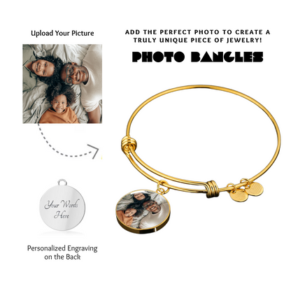 Photo Circle Pendant Bangles, Custom Picture Circle Bangles, Picture Pendant Bangles, Personalized Engraved Circle Bangles, Gift for her