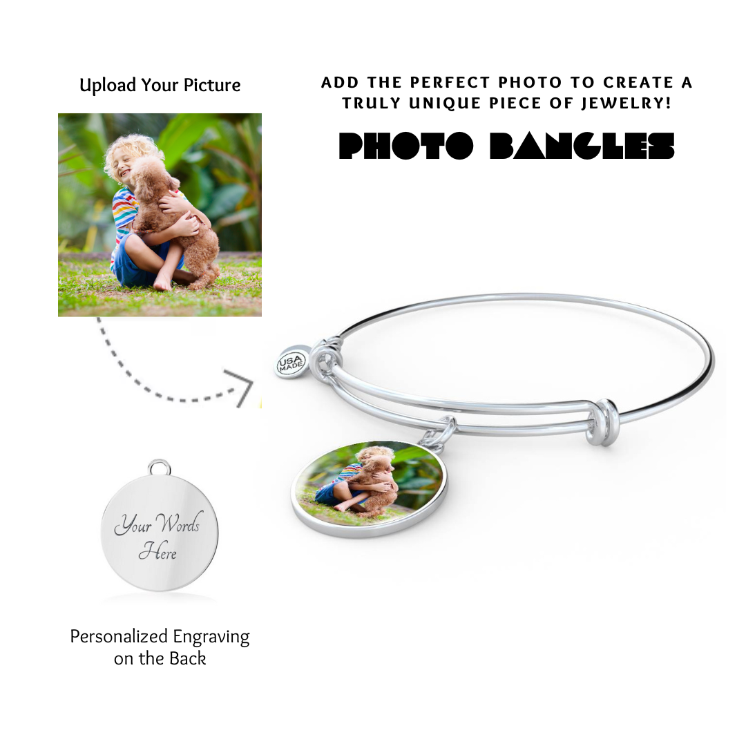 Photo Circle Pendant Bangles, Custom Picture Circle Bangles, Picture Pendant Bangles, Personalized Engraved Circle Bangles, Gift for her