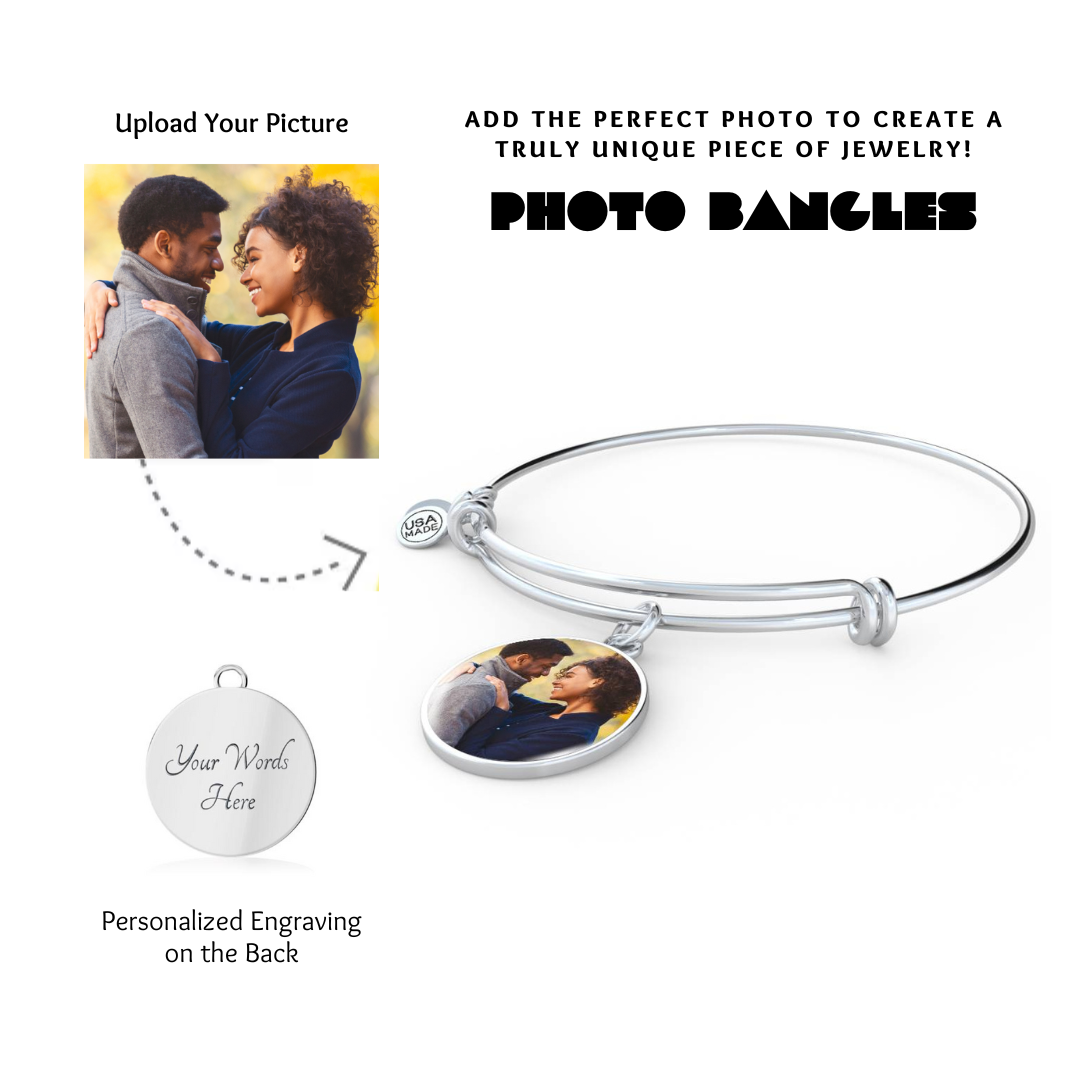 Photo Circle Pendant Bangles, Custom Picture Circle Bangles, Picture Pendant Bangles, Personalized Engraved Circle Bangles, Gift for her