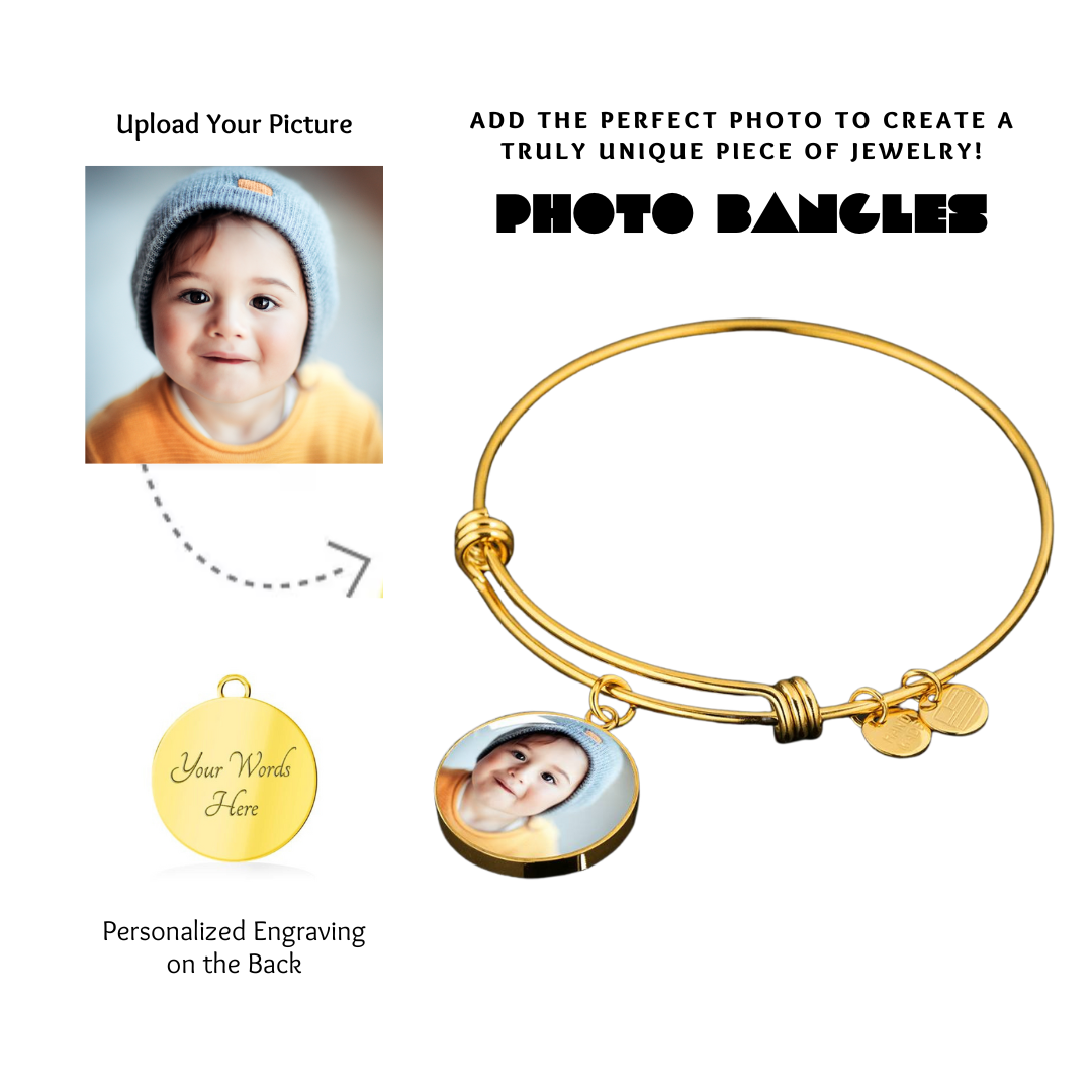 Photo Circle Pendant Bangles, Custom Picture Circle Bangles, Picture Pendant Bangles, Personalized Engraved Circle Bangles, Gift for her