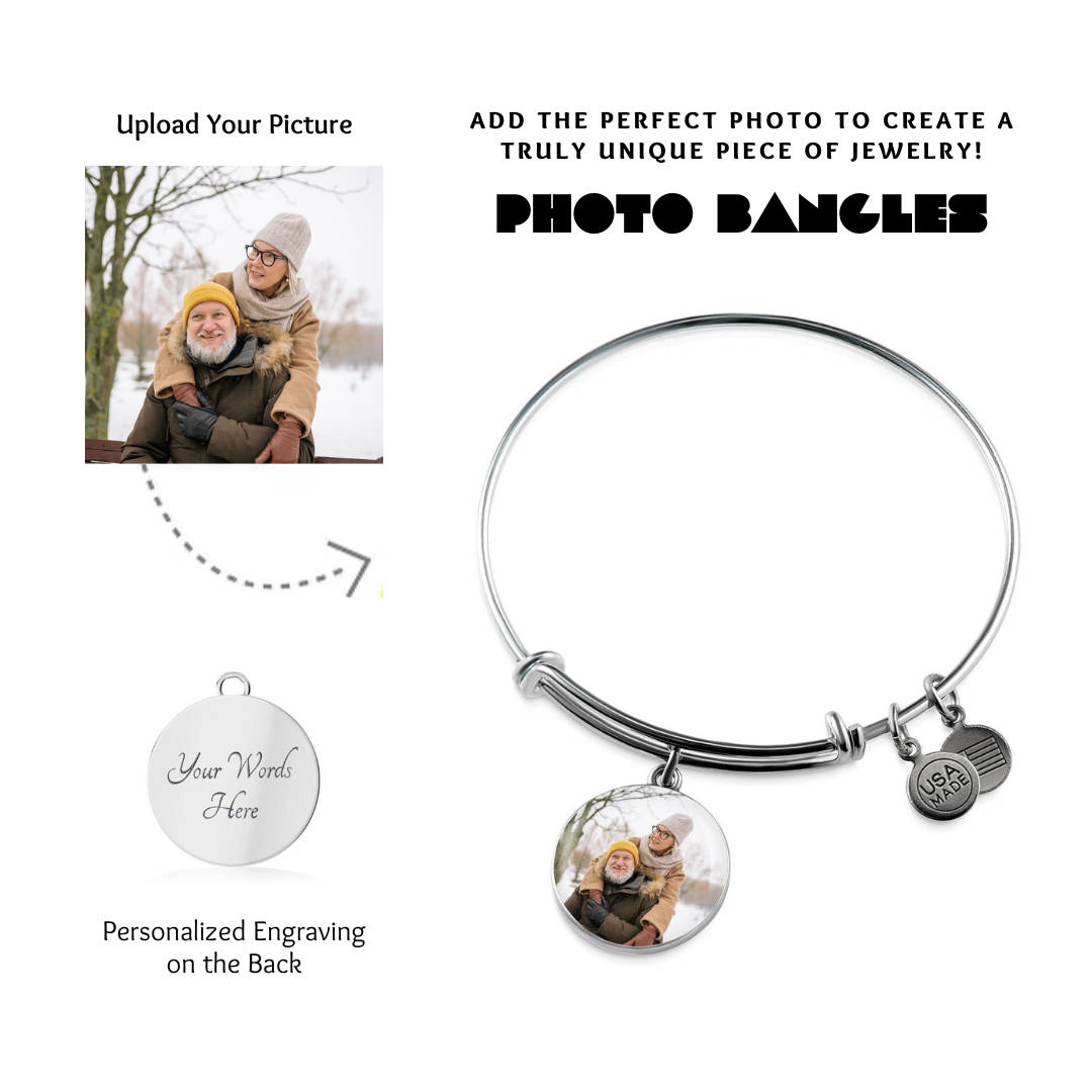 Photo Circle Pendant Bangles, Custom Picture Circle Bangles, Picture Pendant Bangles, Personalized Engraved Circle Bangles, Gift for her