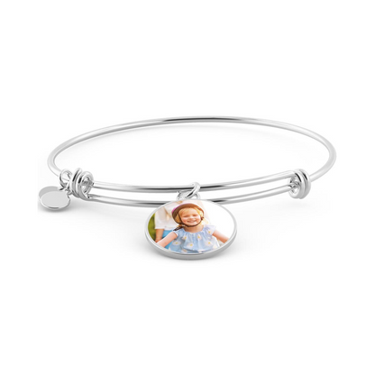 Photo Circle Pendant Bangles, Custom Picture Circle Bangles, Picture Pendant Bangles, Personalized Engraved Circle Bangles, Gift for her