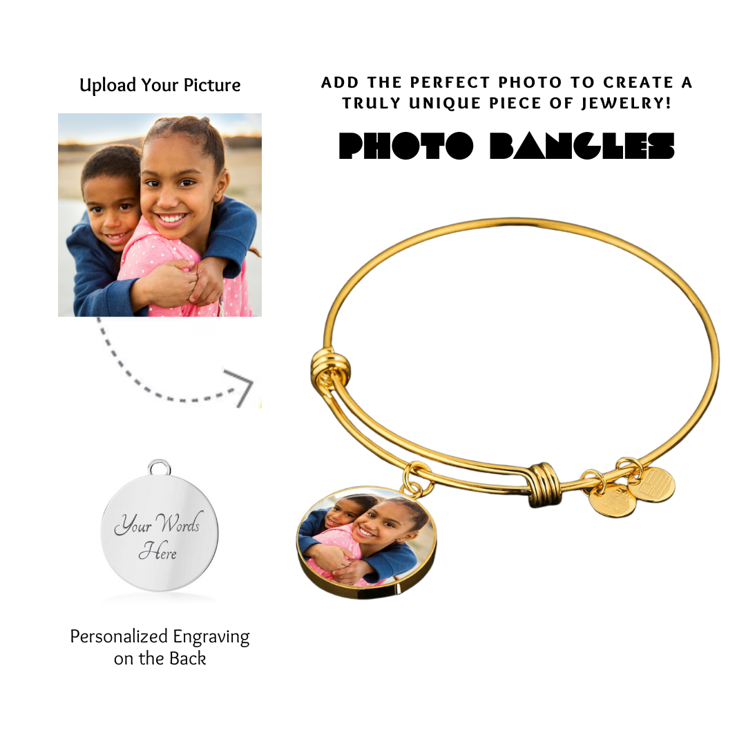 Photo Circle Pendant Bangles, Custom Picture Circle Bangles, Picture Pendant Bangles, Personalized Engraved Circle Bangles, Gift for her
