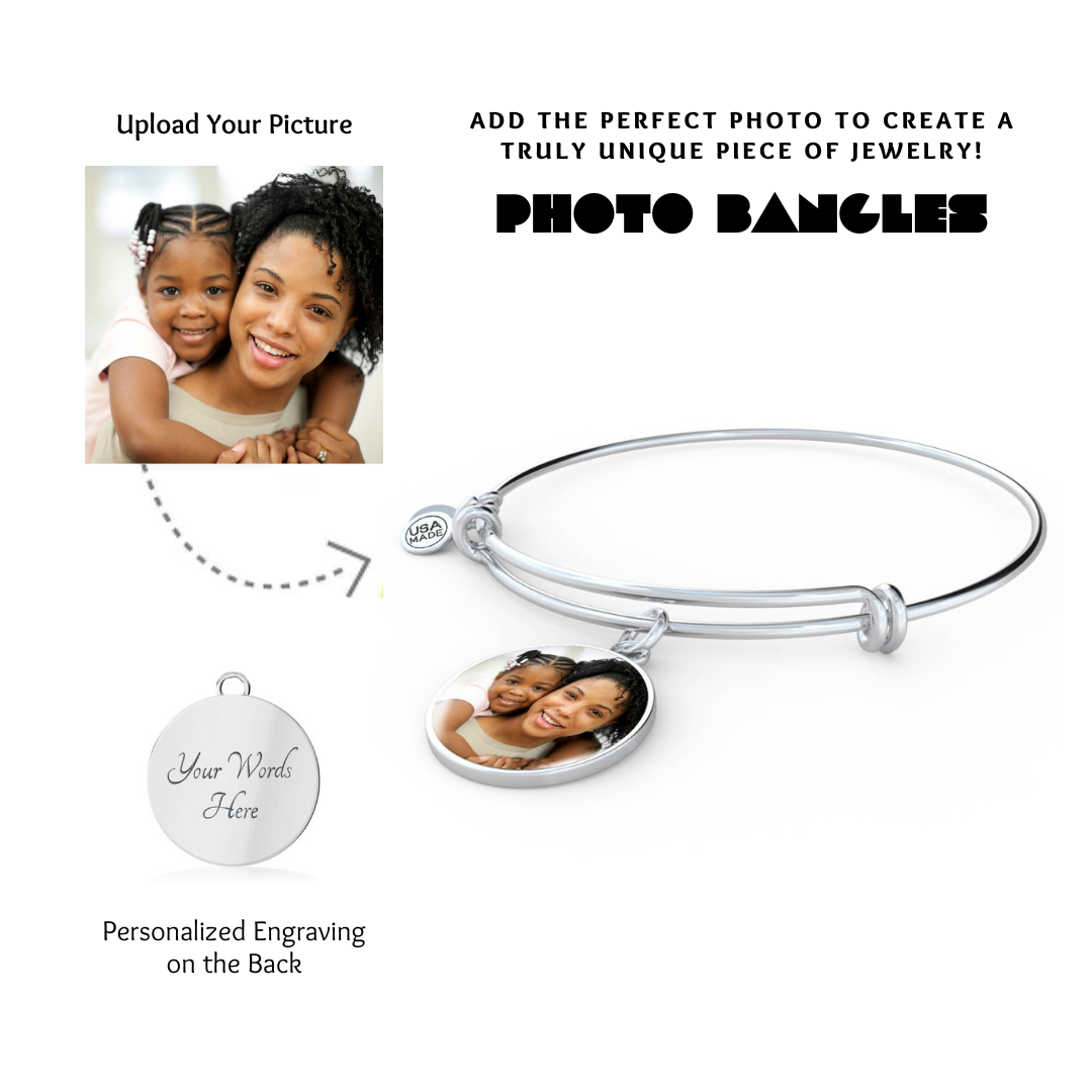 Photo Circle Pendant Bangles, Custom Picture Circle Bangles, Picture Pendant Bangles, Personalized Engraved Circle Bangles, Gift for her