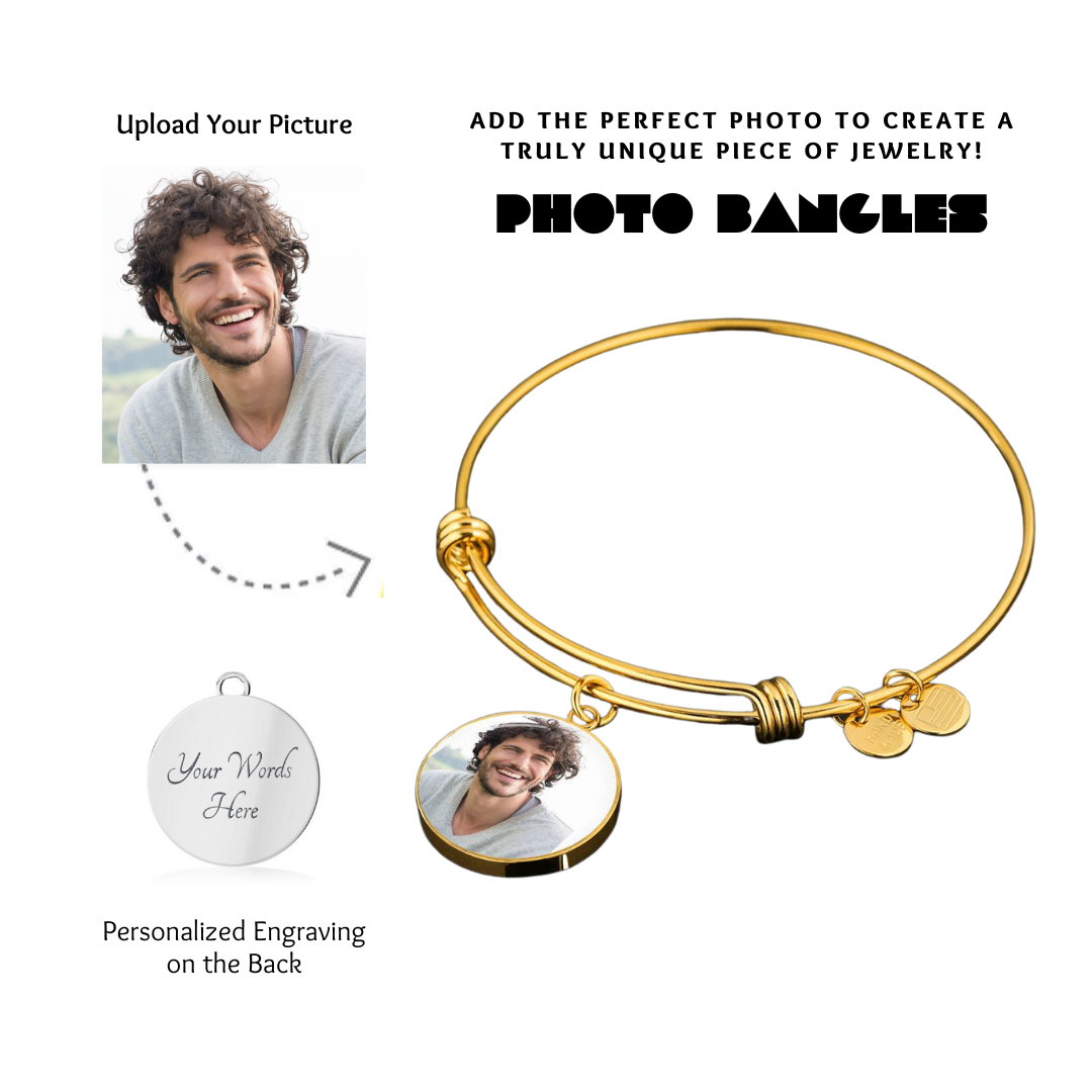 Photo Circle Pendant Bangles, Custom Picture Circle Bangles, Picture Pendant Bangles, Personalized Engraved Circle Bangles, Gift for her