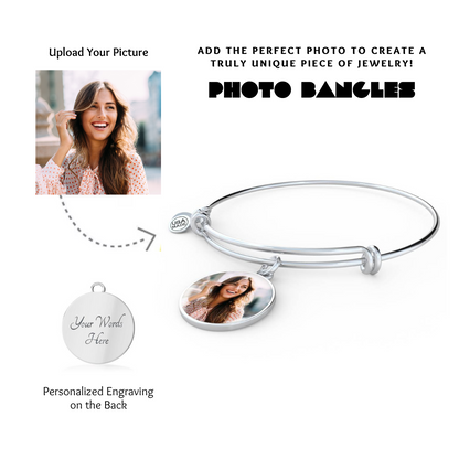 Photo Circle Pendant Bangles, Custom Picture Circle Bangles, Picture Pendant Bangles, Personalized Engraved Circle Bangles, Gift for her