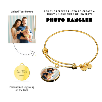 Photo Circle Pendant Bangles, Custom Picture Circle Bangles, Picture Pendant Bangles, Personalized Engraved Circle Bangles, Gift for her