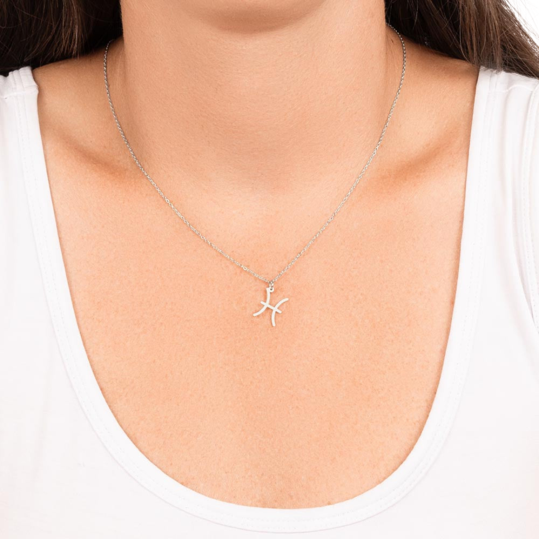 Pisces Zodiac Name Necklace. Handcrafted with care, this piece is made from durable stainless steel and optionally dipped in 18k yellow gold and features her unique astrological sign.