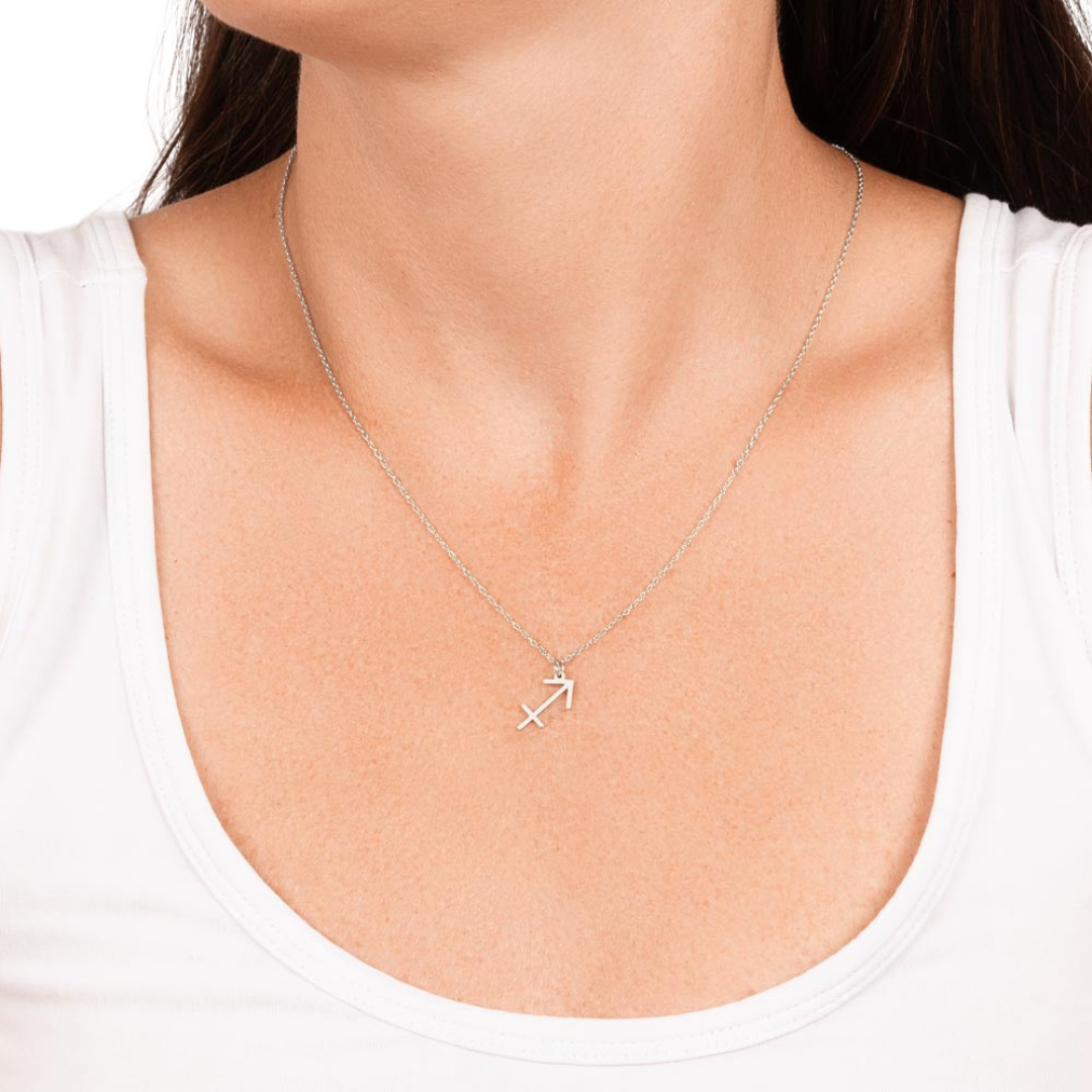 Sagittarius Zodiac Name Necklace. Handcrafted with care, this piece is made from durable stainless steel and optionally dipped in 18k yellow gold and features her unique astrological sign.