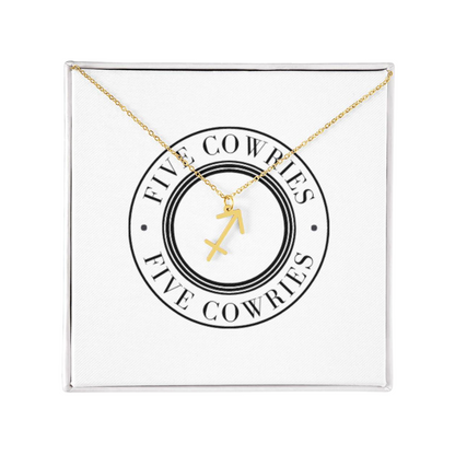 Sagittarius Zodiac Name Necklace. Handcrafted with care, this piece is made from durable stainless steel and optionally dipped in 18k yellow gold and features her unique astrological sign.