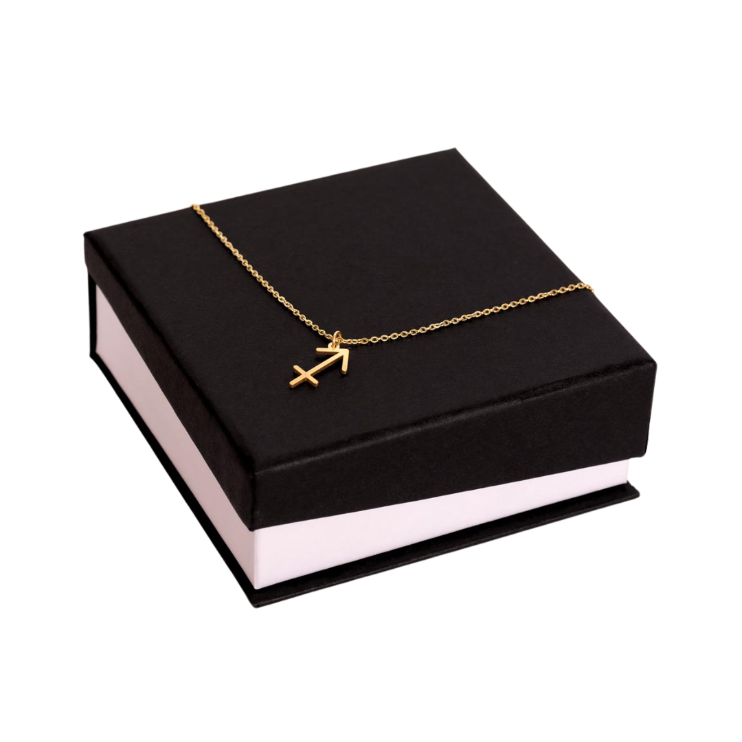 Sagittarius Zodiac Name Necklace. Handcrafted with care, this piece is made from durable stainless steel and optionally dipped in 18k yellow gold and features her unique astrological sign.