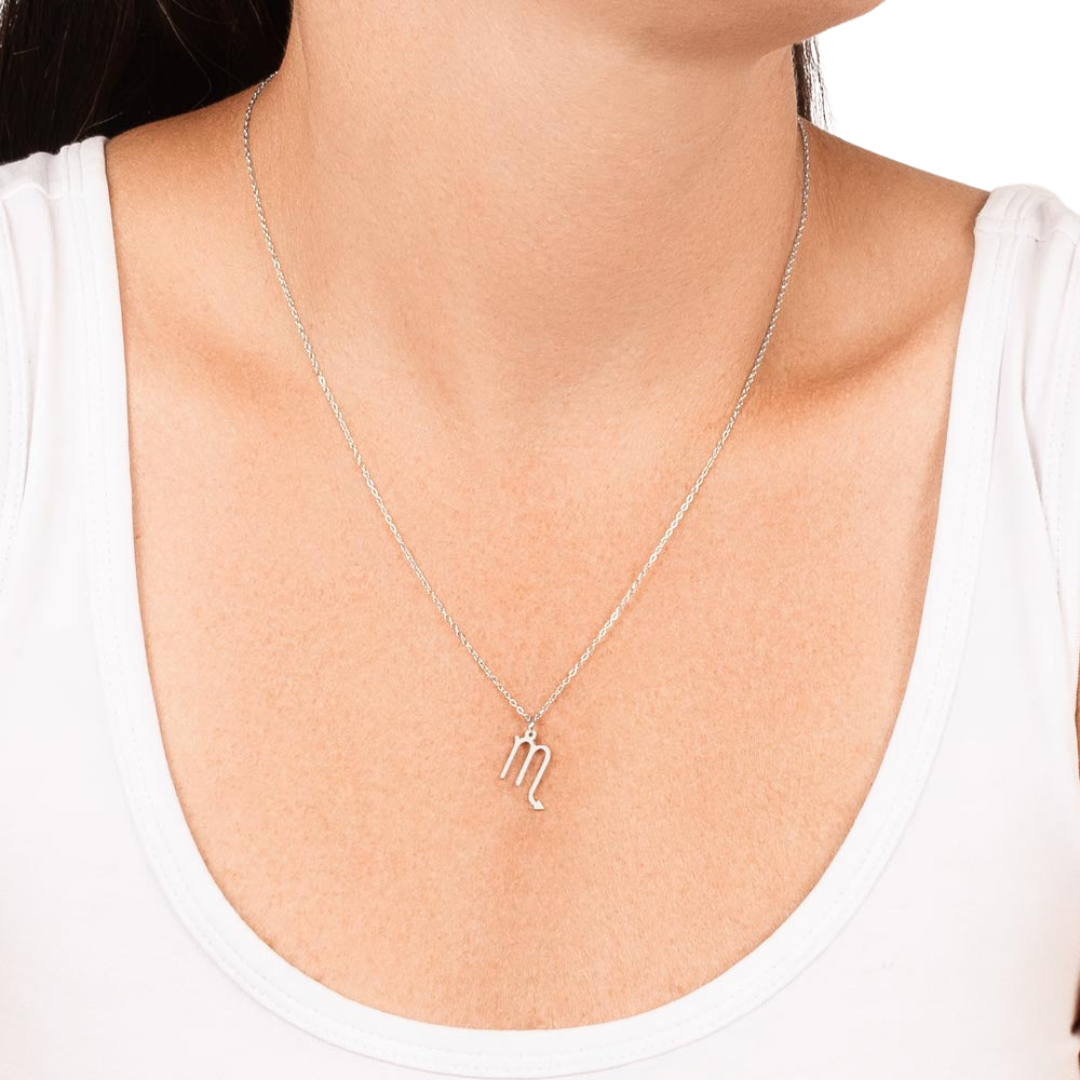 Scorpio Zodiac Name Necklace. Handcrafted with care, this piece is made from durable stainless steel and optionally dipped in 18k yellow gold and features her unique astrological sign.