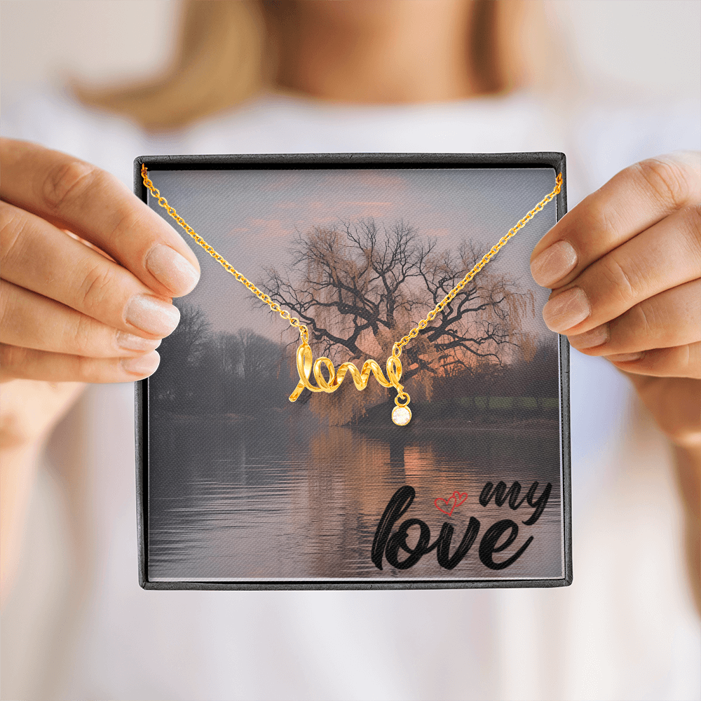 This dainty necklace leaves no doubt in her mind about your true feelings. Beautifully crafted, this adorable design spells out the word "love" in a playful cursive font.