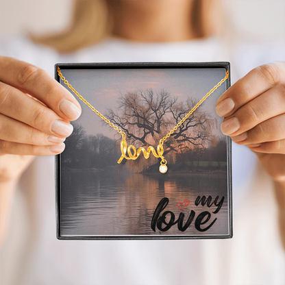 This dainty necklace leaves no doubt in her mind about your true feelings. Beautifully crafted, this adorable design spells out the word "love" in a playful cursive font.