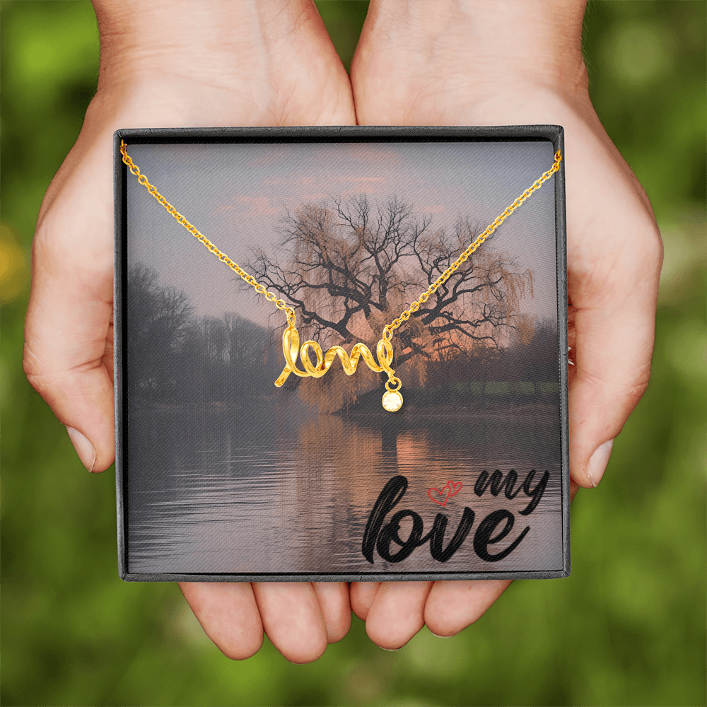 This dainty necklace leaves no doubt in her mind about your true feelings. Beautifully crafted, this adorable design spells out the word "love" in a playful cursive font.