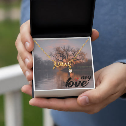 This dainty necklace leaves no doubt in her mind about your true feelings. Beautifully crafted, this adorable design spells out the word "love" in a playful cursive font.