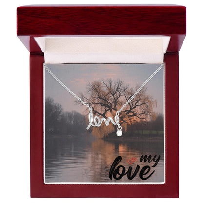 This dainty necklace leaves no doubt in her mind about your true feelings. Beautifully crafted, this adorable design spells out the word "love" in a playful cursive font.