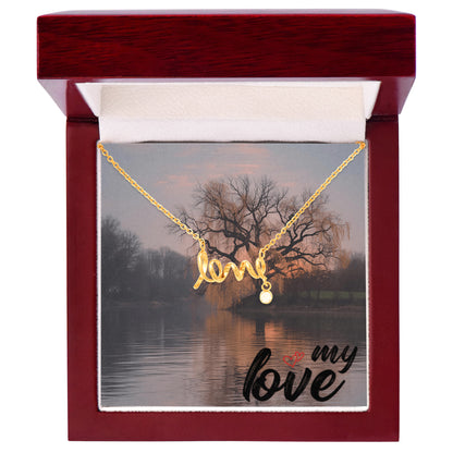 This dainty necklace leaves no doubt in her mind about your true feelings. Beautifully crafted, this adorable design spells out the word "love" in a playful cursive font.