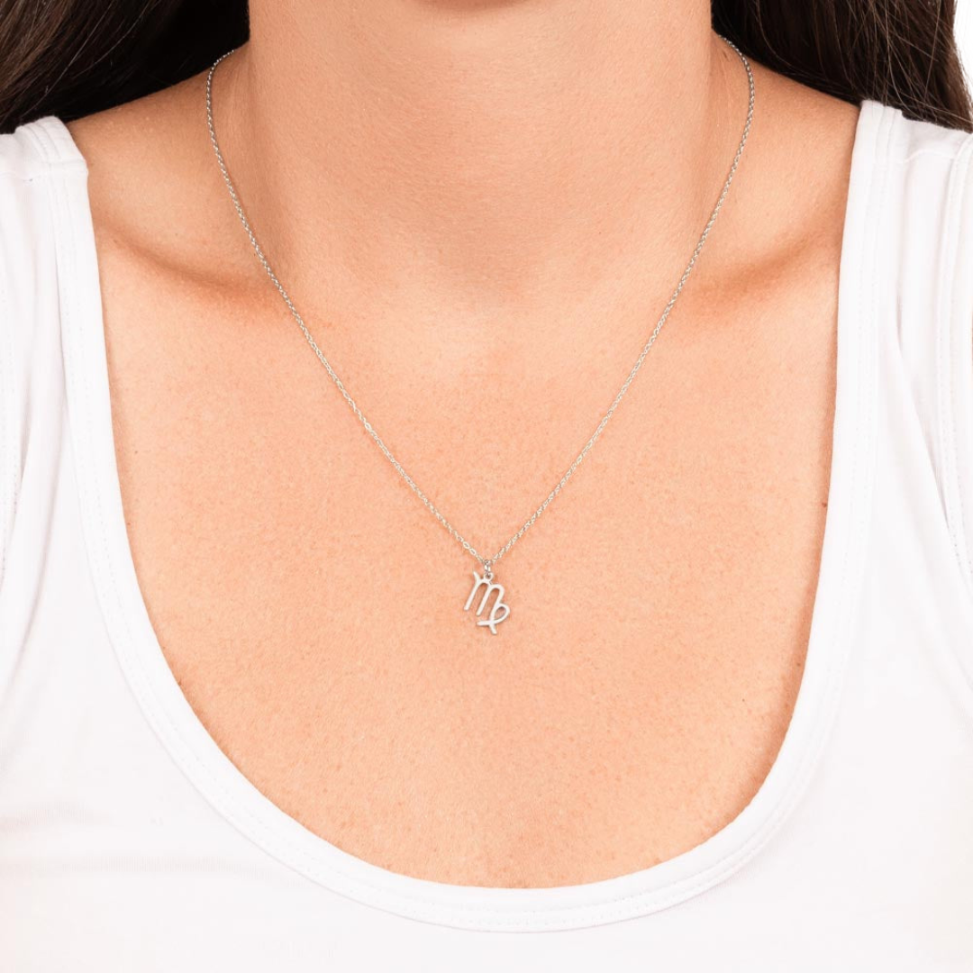 Virgo Zodiac Name Necklace. Handcrafted with care, this piece is made from durable stainless steel and optionally dipped in 18k yellow gold and features her unique astrological sign.