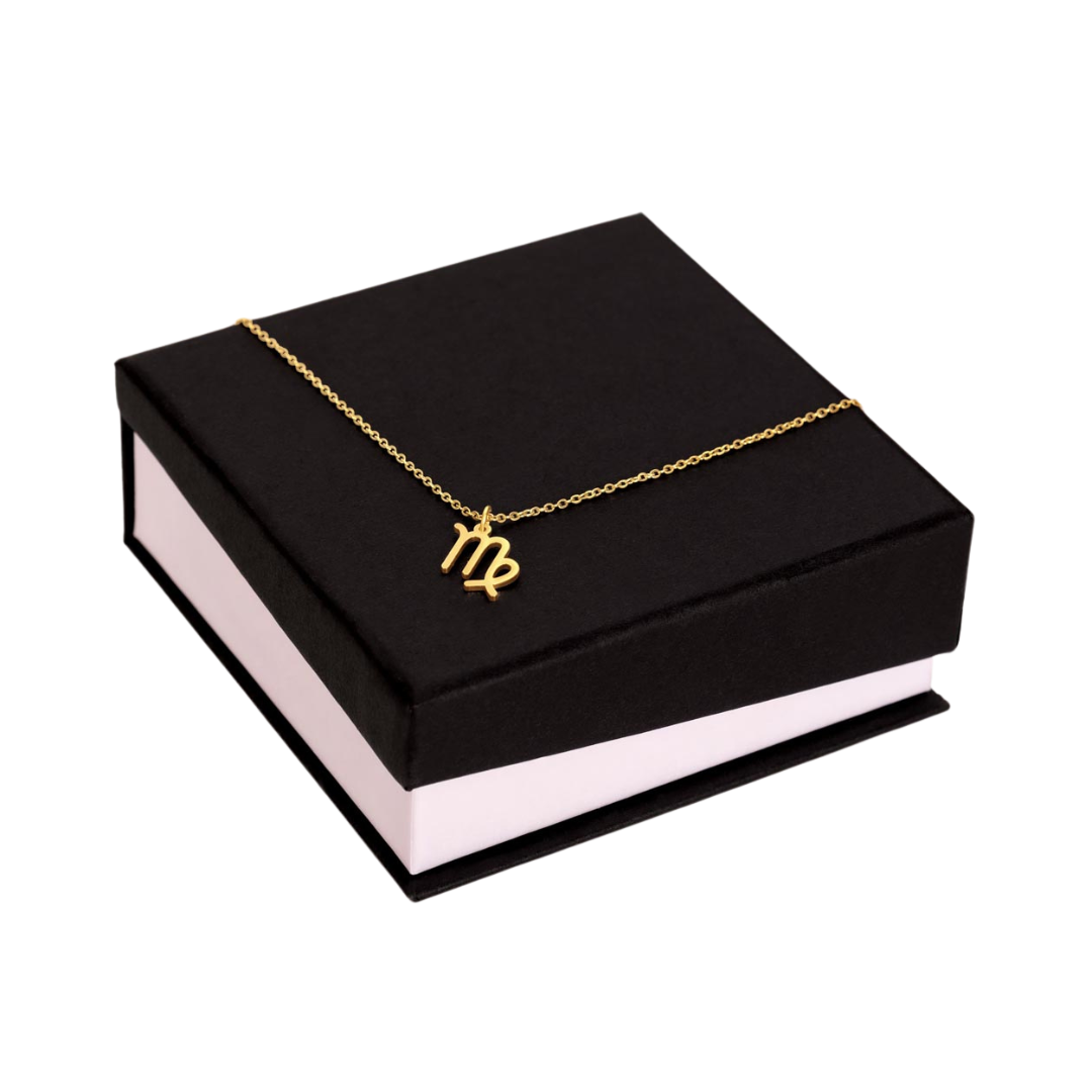 Virgo Zodiac Name Necklace. Handcrafted with care, this piece is made from durable stainless steel and optionally dipped in 18k yellow gold and features her unique astrological sign.