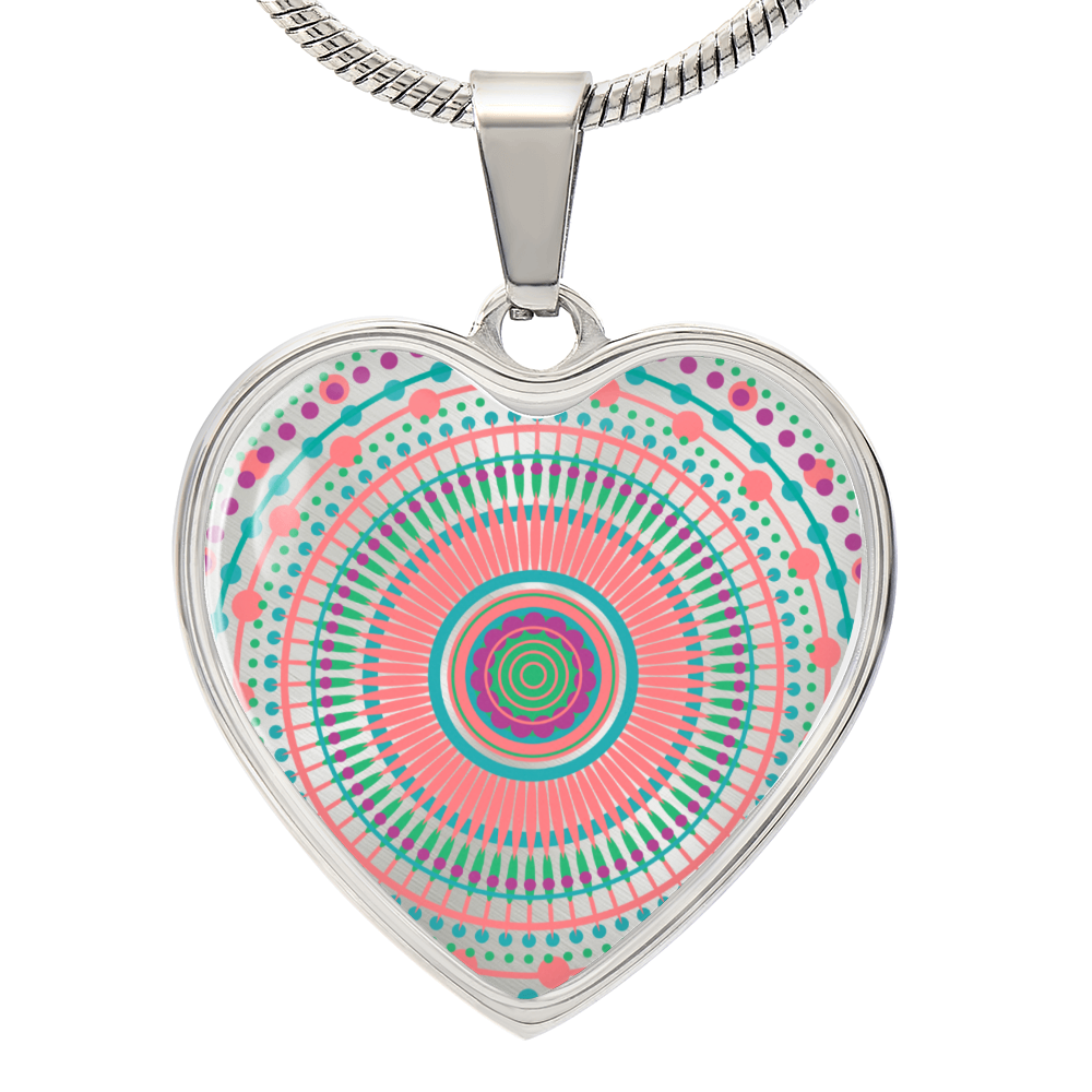 Graphic Heart Pendant + Necklace - Multi Color Mandala Pattern
