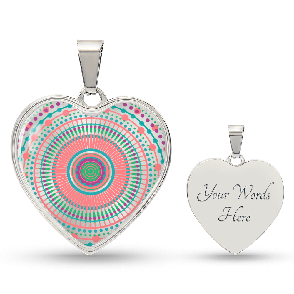 Graphic Heart Pendant + Necklace - Multi Color Mandala Pattern
