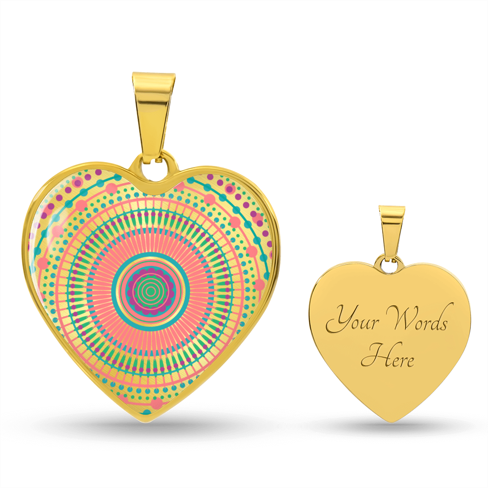 Graphic Heart Pendant + Necklace - Multi Color Mandala Pattern