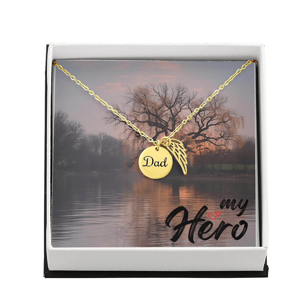 Dad Memorial Coin Necklace  with Angel Wing Charm (Remembrance Necklace)