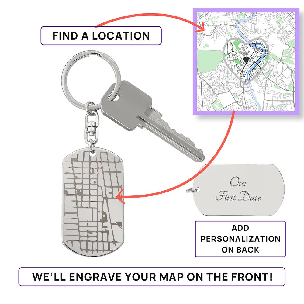 Engraved Map On Dog Tag Keychain