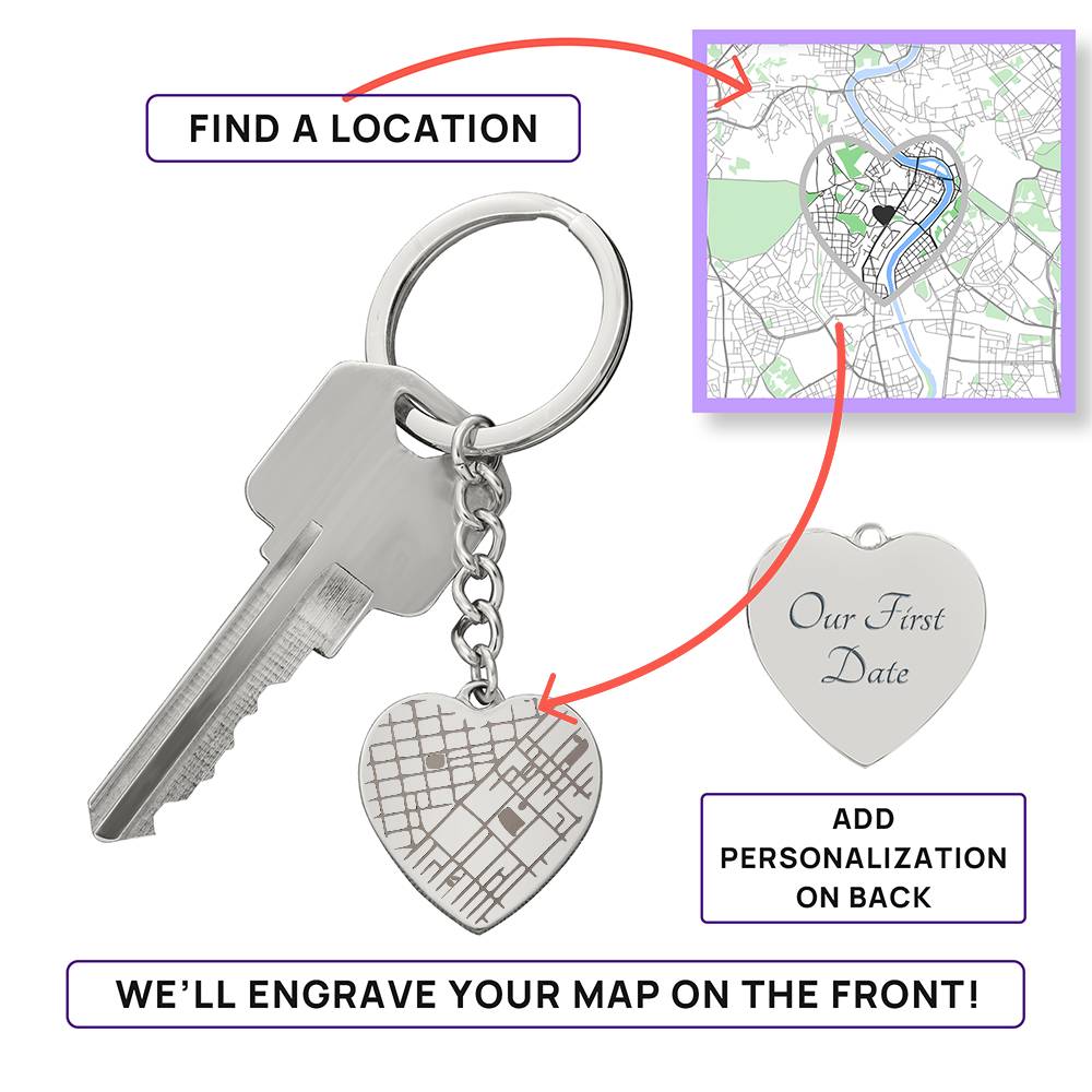 Engraved Map on Heart Keychain
