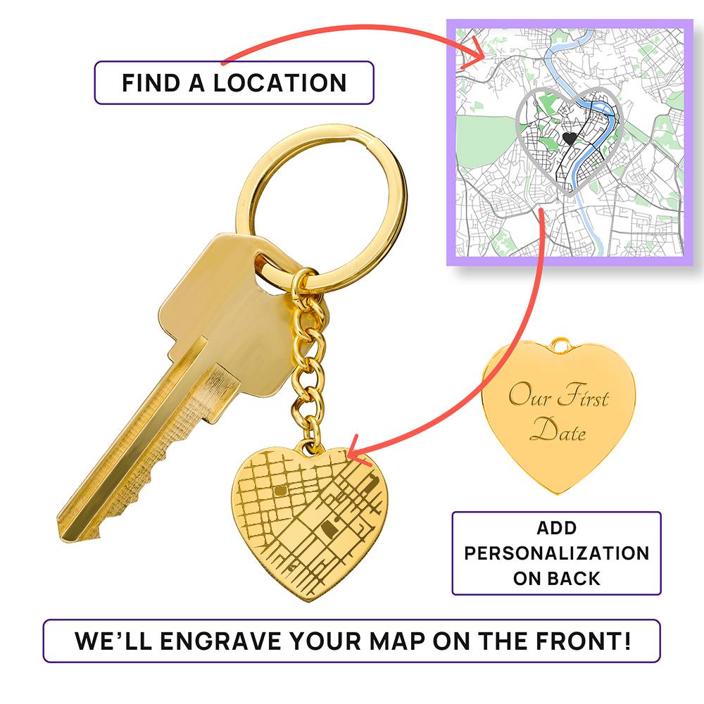 Engraved Map on Heart Keychain