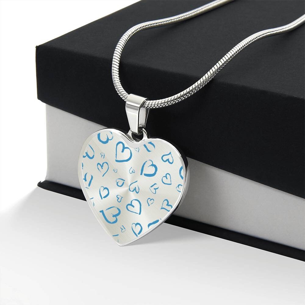 Graphic Heart Pendant + Necklace - Blue Heart Pattern