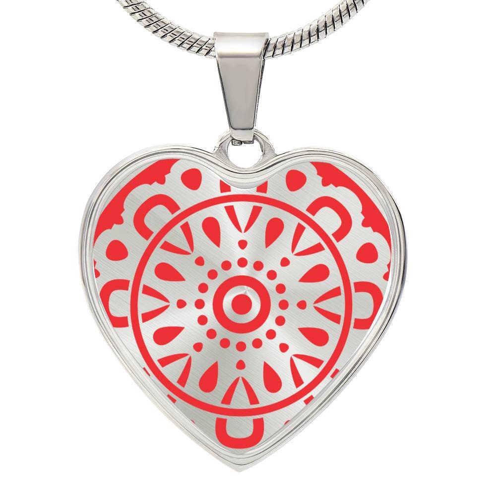 Graphic Heart Pendant + Necklace - Circular Floral Pattern