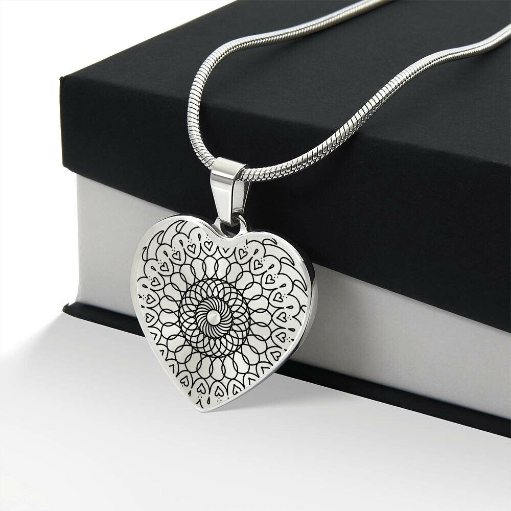 Graphic Heart Pendant + Necklace - Round Mandala Pattern