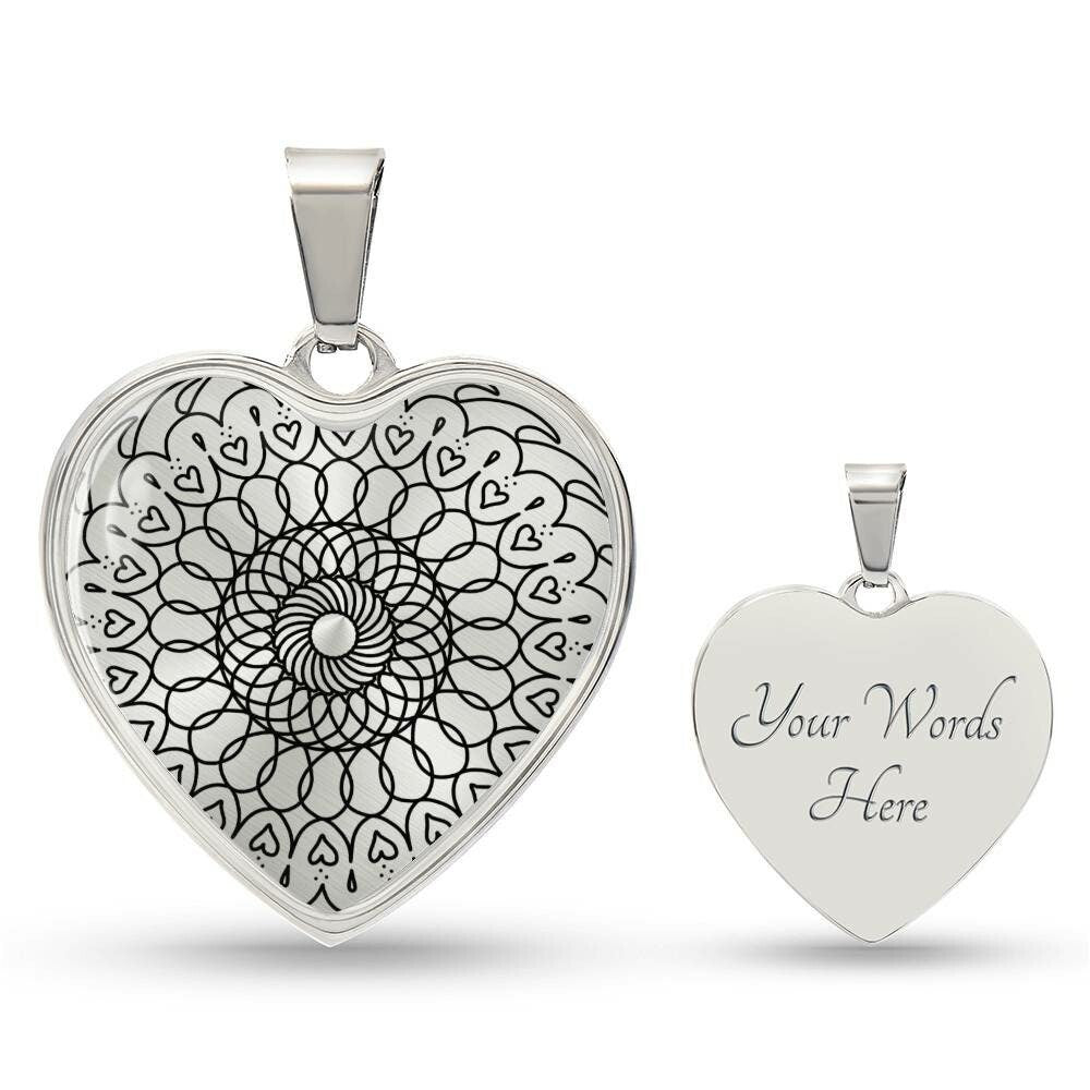 Graphic Heart Pendant + Necklace - Round Mandala Pattern