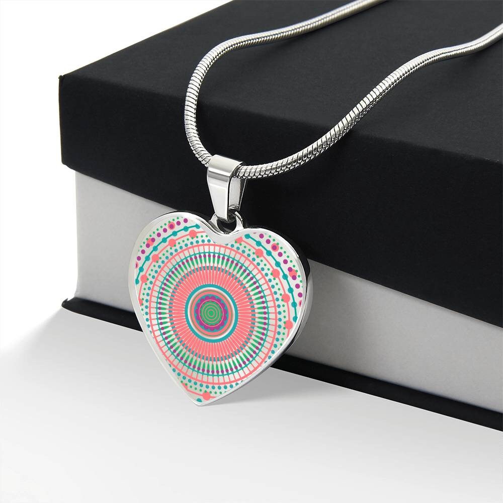 Graphic Heart Pendant + Necklace - Multi Color Mandala Pattern