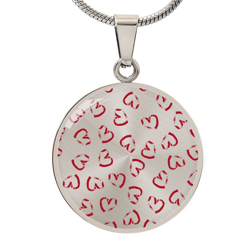 Graphic Circle Pendant + Necklace - Red Hearts