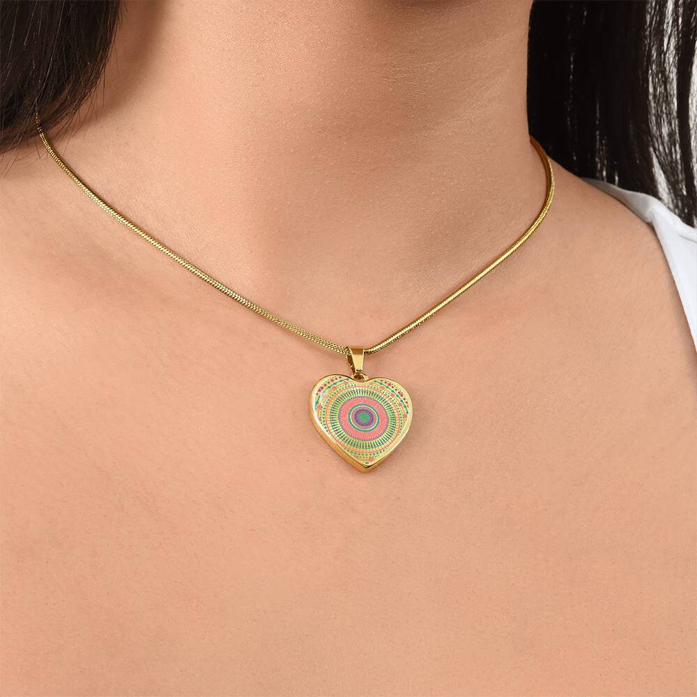 Graphic Heart Pendant + Necklace - Multi Color Mandala Pattern