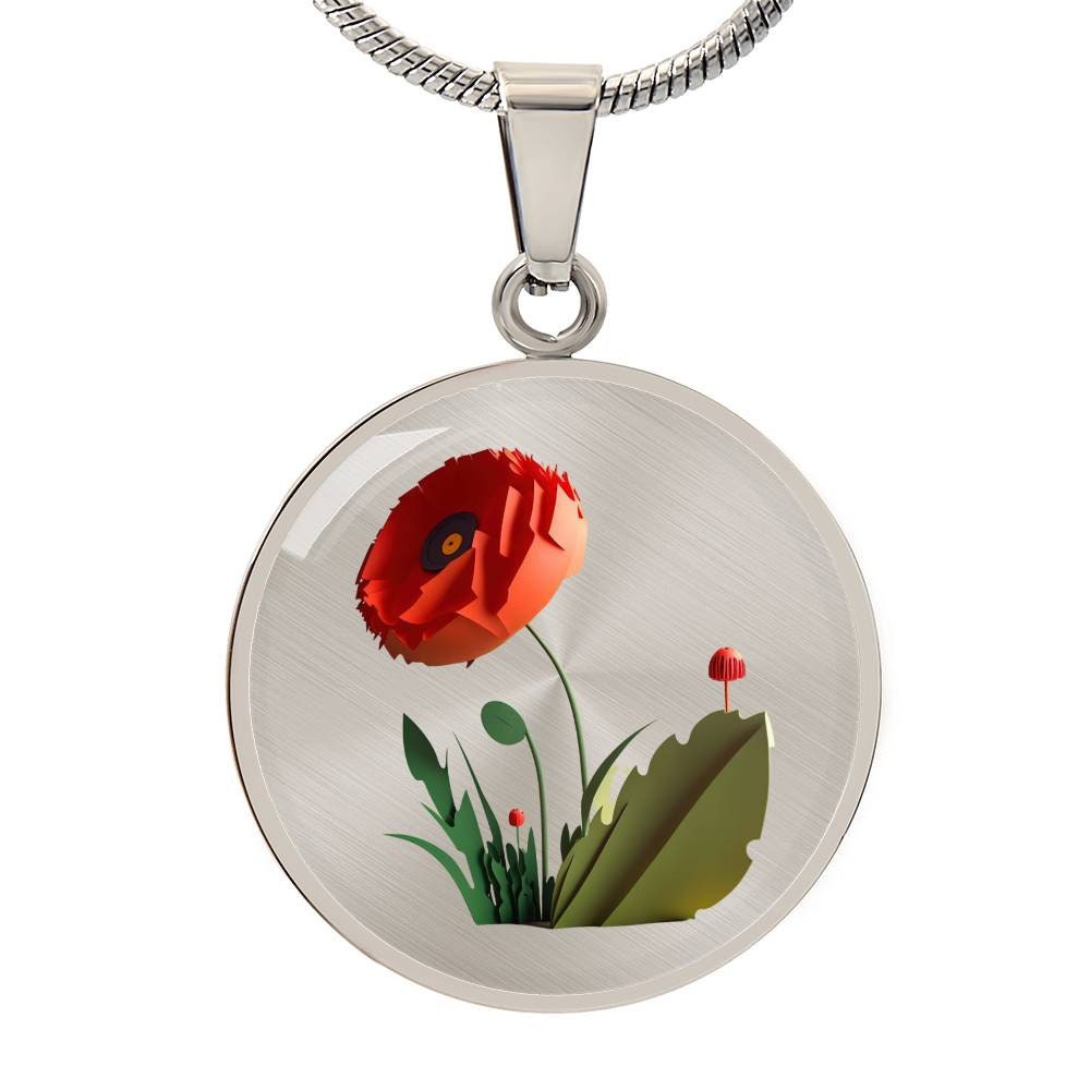 Graphic Circle Pendant + Necklace - Red Poppy Flower