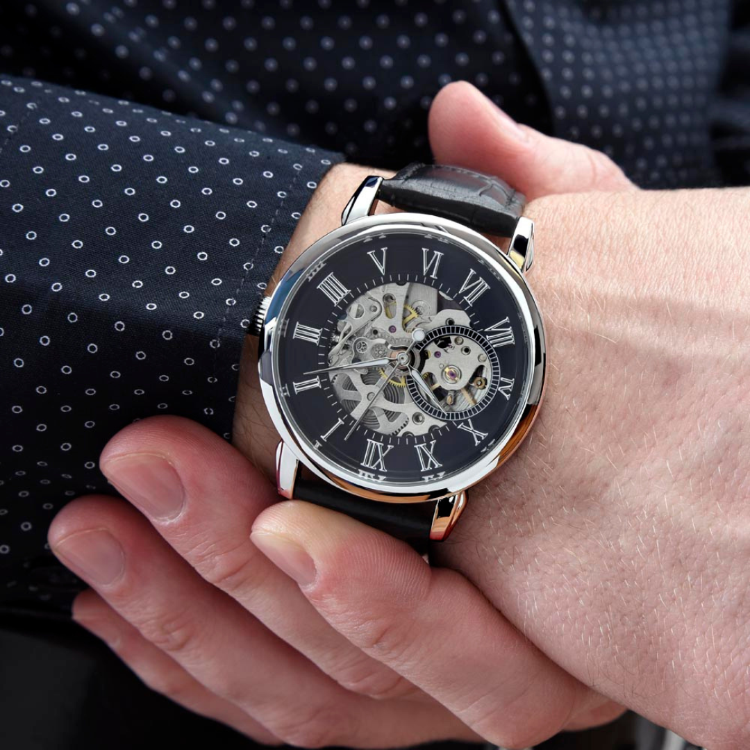 Men Black Leather Watch, Openwork Watch, 3 ATM Water Resistant, Skeleton dial Watch, Gift for him, Fathers day gift, Luxury timepiece