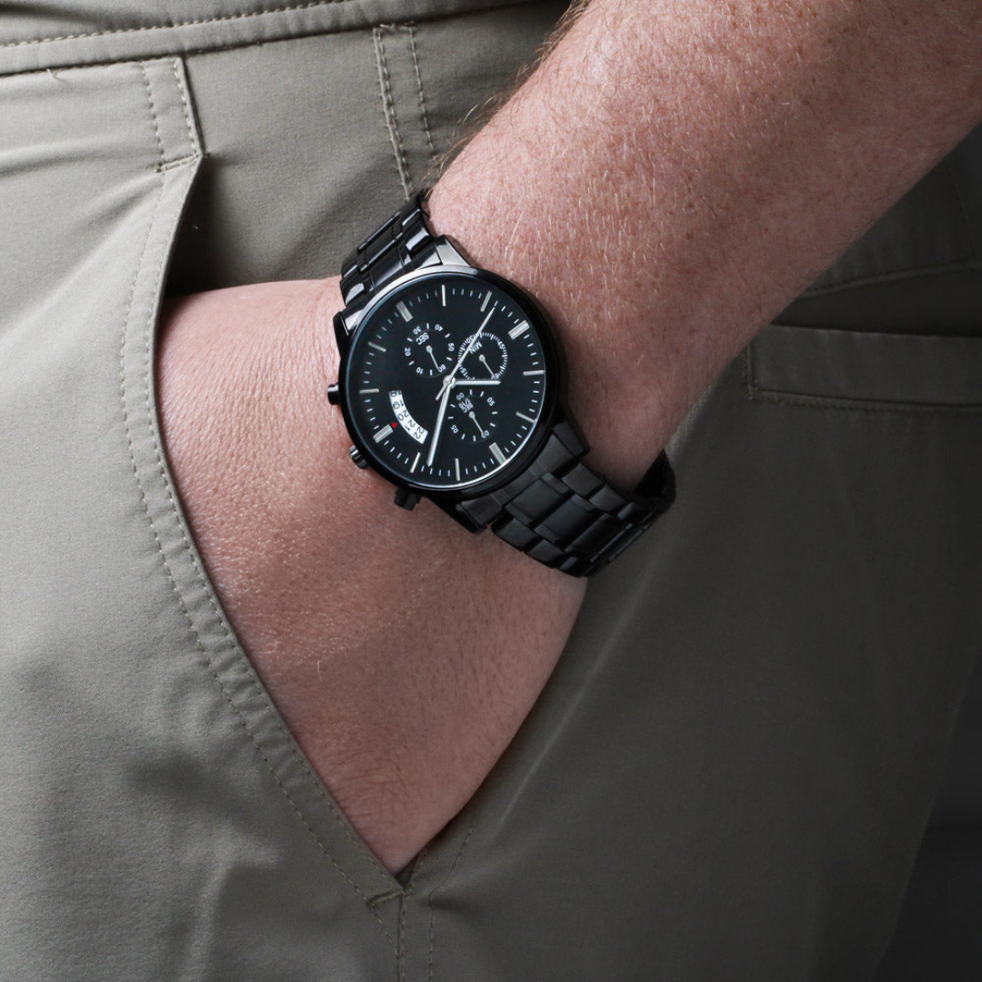 A personalized gift that can withstand constant use, this Customizable Engraved Black Chronograph Watch is the perfect gift for all the special men in your life. A thoughtful groomsmen gift, an anniversary memento, or a long-lasting keepsake for Father’s Day - it's a versatile piece sure to warm hearts and create smiles.